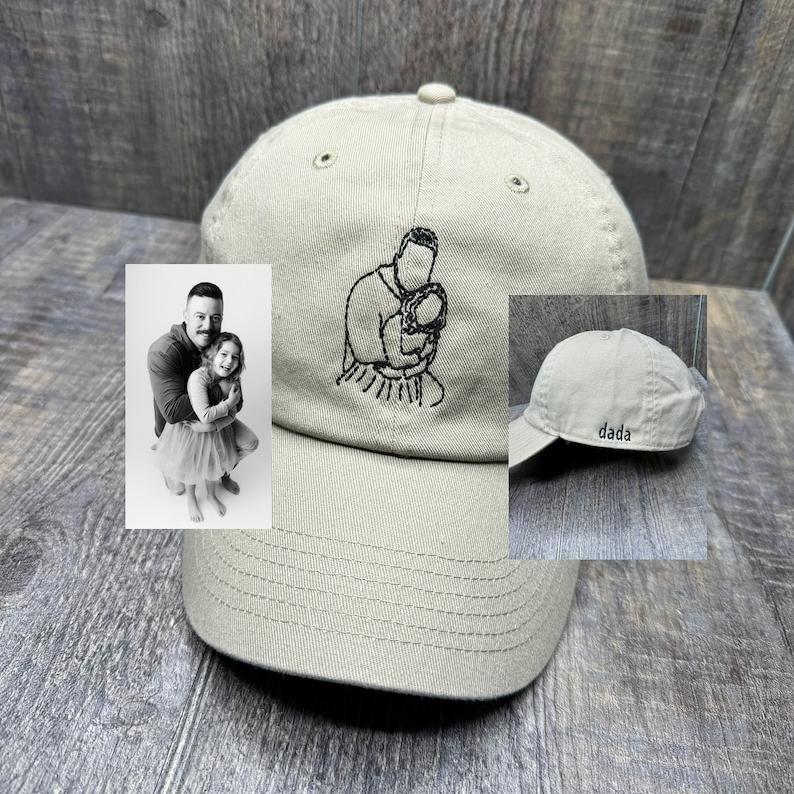 Line Art Portrait Embroidered with Roman Numerals Date on Dad Hat
