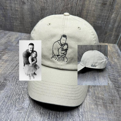 Line Art Portrait Embroidered with Roman Numerals Date on Dad Hat