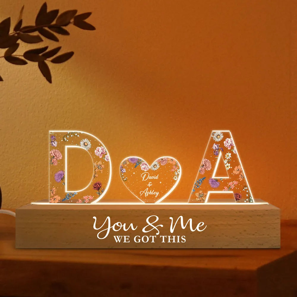 Couple Initials Floral Theme Anniversary Gift Personalized Acrylic Block LED Night Light