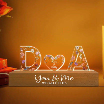 Couple Initials Floral Theme Anniversary Gift Personalized Acrylic Block LED Night Light