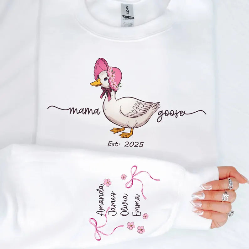 Custom Mama Goose Est 2025 Sweatshirt,Mama With Kid Name on Sleeve Sweater Mother's Day Sweater Cute Mama Goose Coquette Sweat Gift for Moms