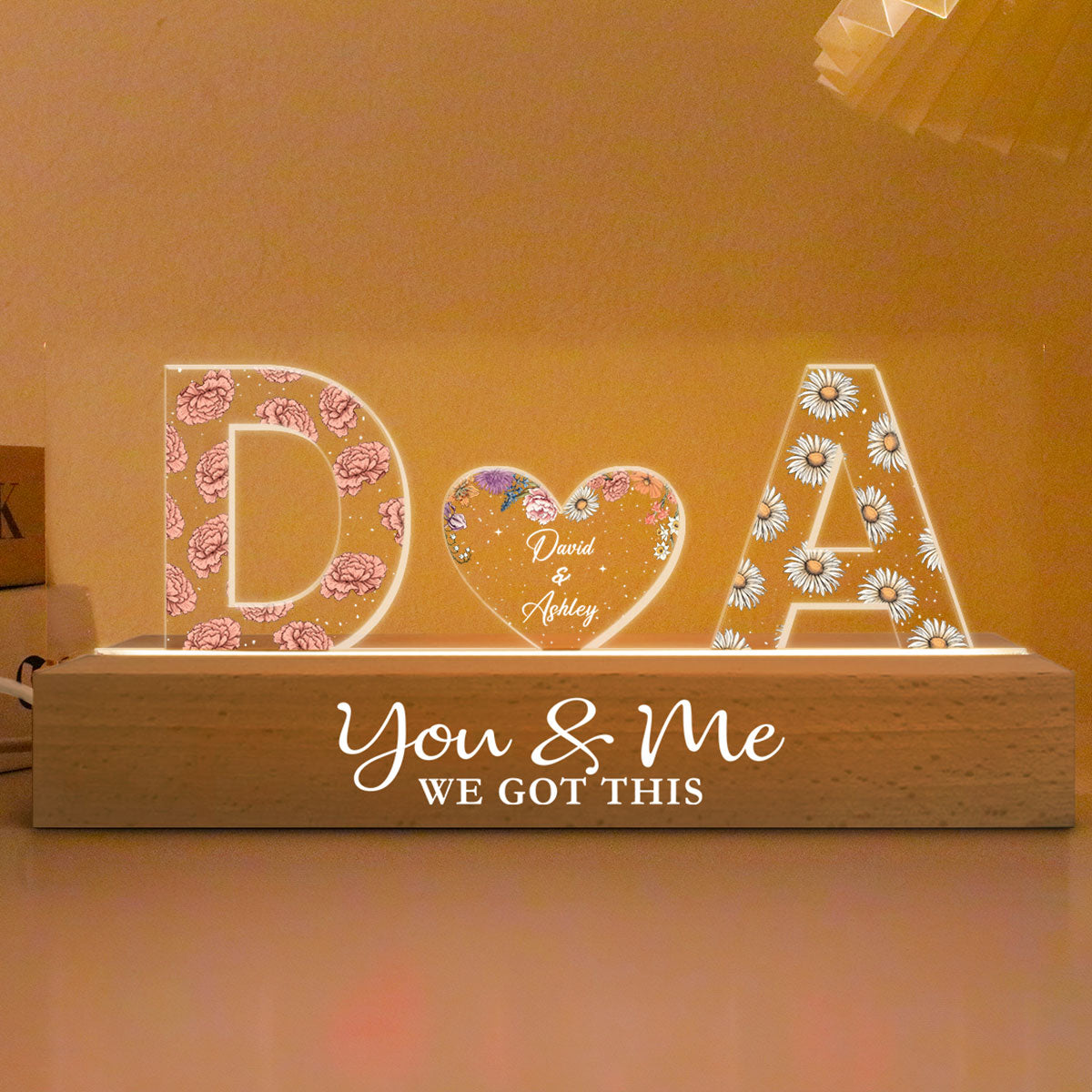 Couple Initials Birth Month Flower Anniversary Gift Personalized Acrylic Block LED Night Light