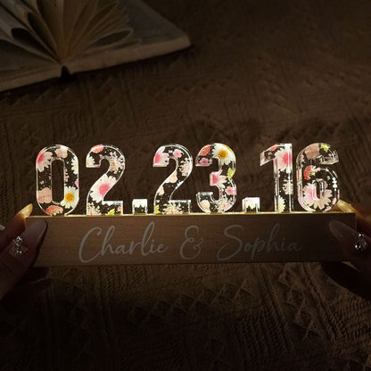 Couple Engagement Anniversary Date Flowers Personalized Custom LED Night Light, Gift for her, Gift for him