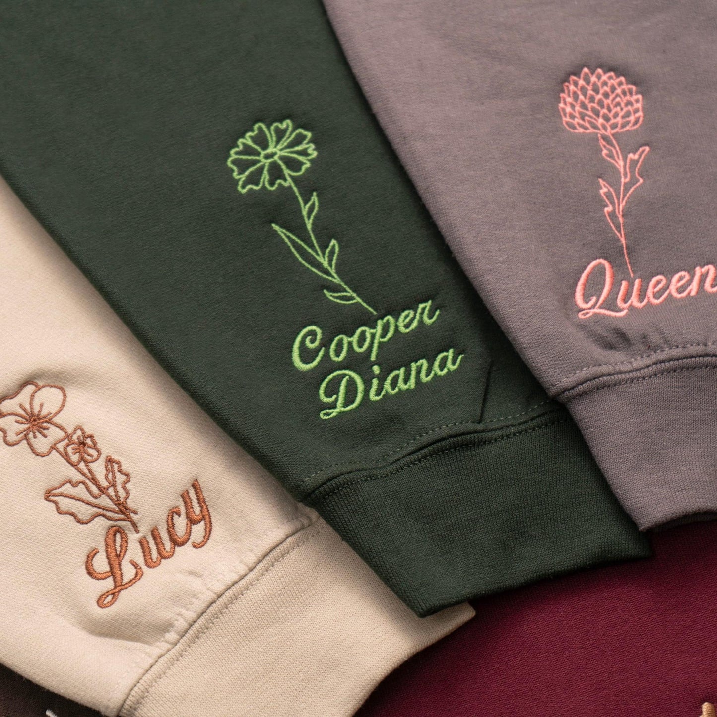 Embroidered Custom Mom Sweatshirt with Mom Birth Flowers & Names on Sleeve