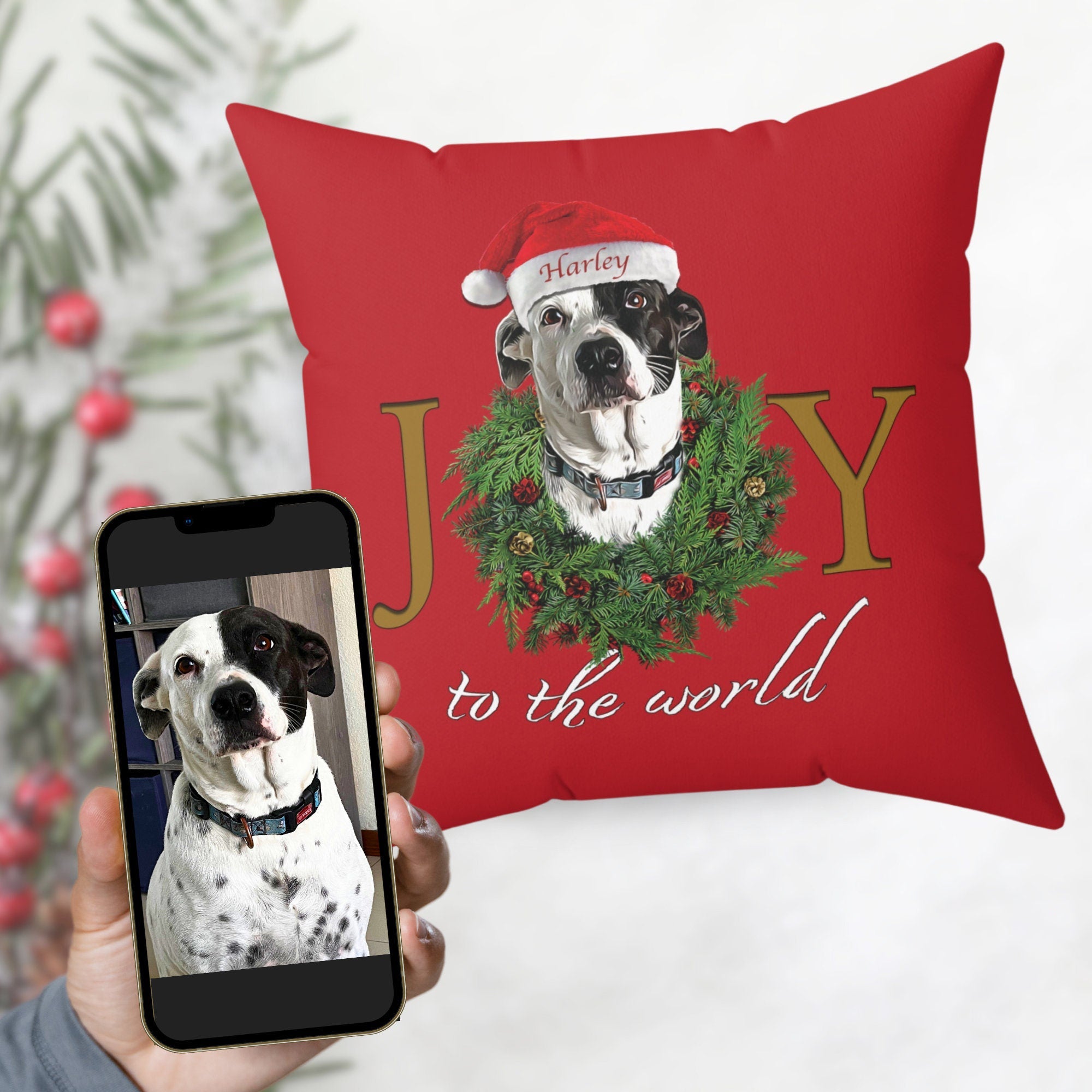 Custom Personalized Dog Christmas Pillow, Custom Joy to the World Dog Pillow, Christmas Pet Gift