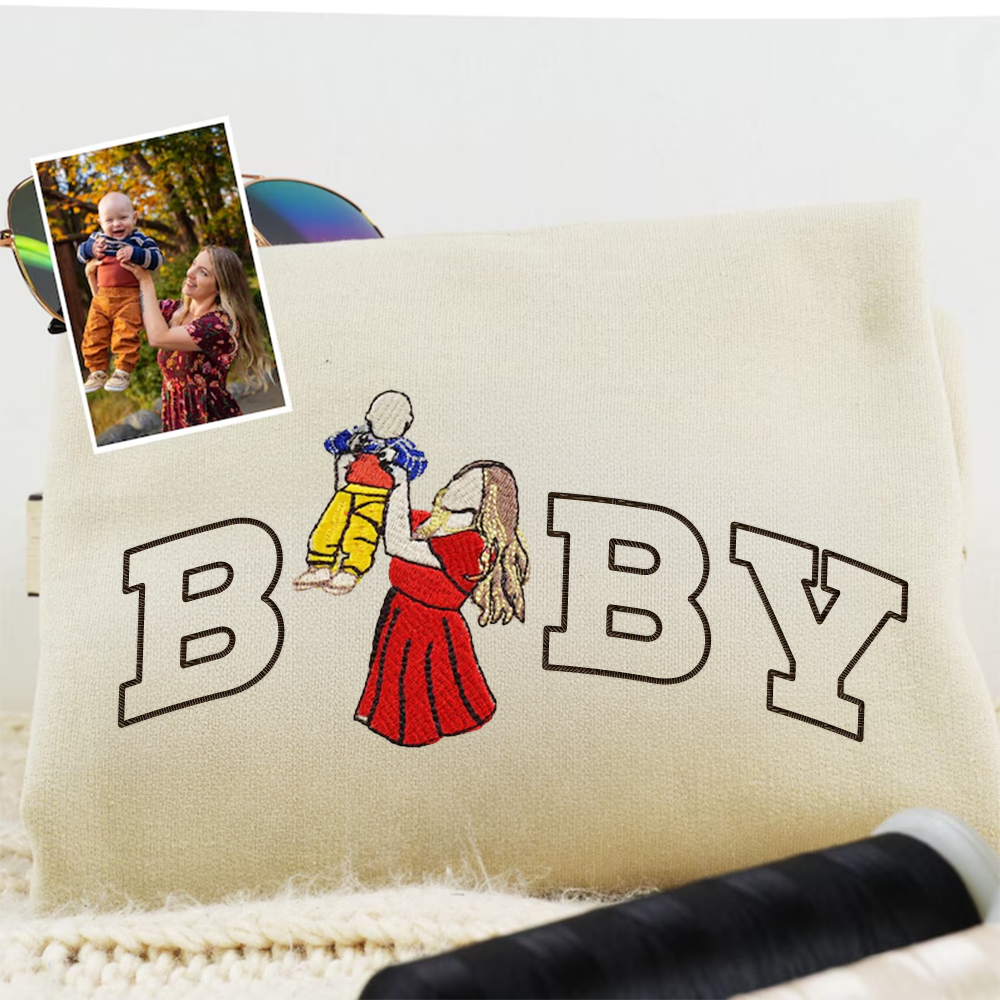 Custom Baby Embroidered Family Portrait Sweater, Personalised Photo & EST Year Sweatshirt, Gifts for Family