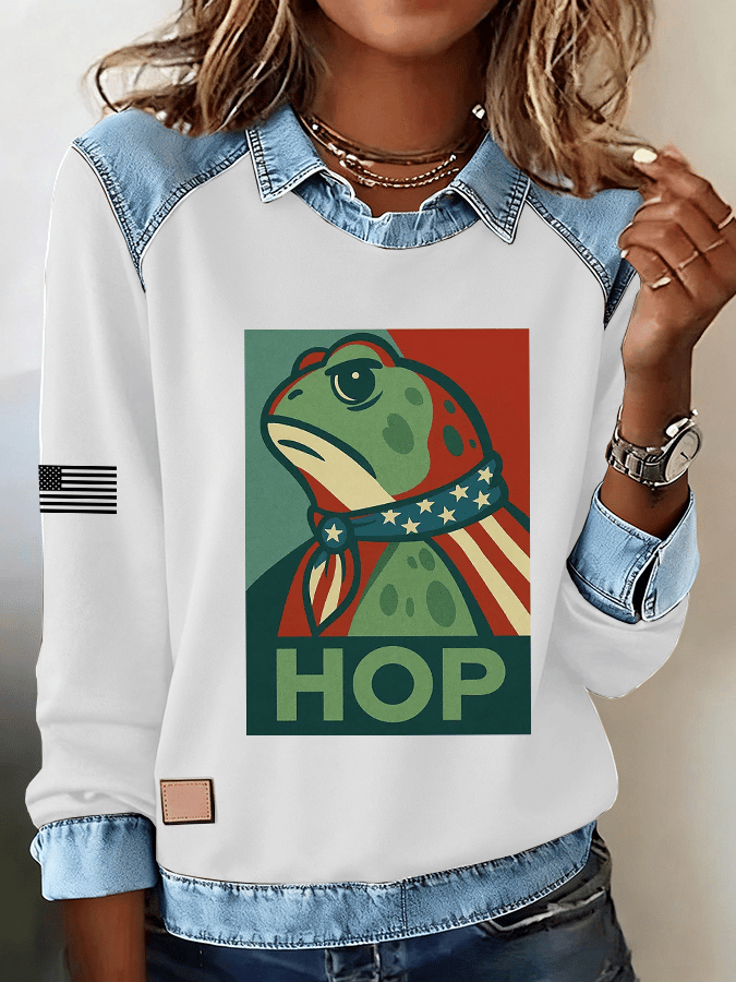 🔥Buy 3 Get 15% Off🔥Women's FDT Print Denim Panel Lapel Long Sleeve Sweatshirt