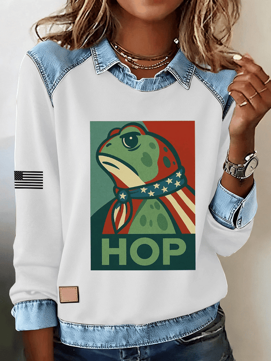 🔥Buy 3 Get 15% Off🔥Women's FDT Print Denim Panel Lapel Long Sleeve Sweatshirt