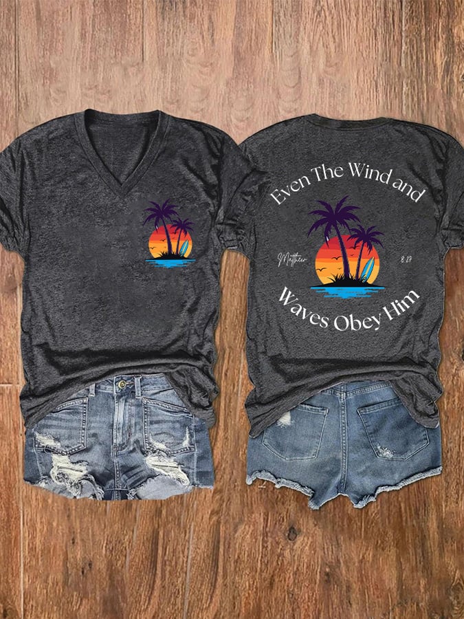 Women's Casual Western Christian Faith Bible Verse Double-Sided Printed V-Neck Short Sleeve T-Shirt