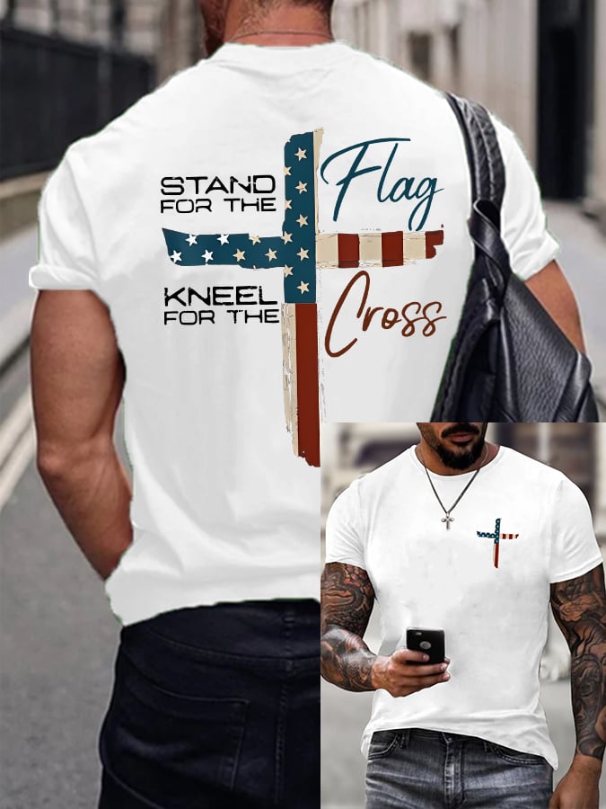 Men's Stand For The Flag Kneel For The Cross Printed Casual T-Shirt