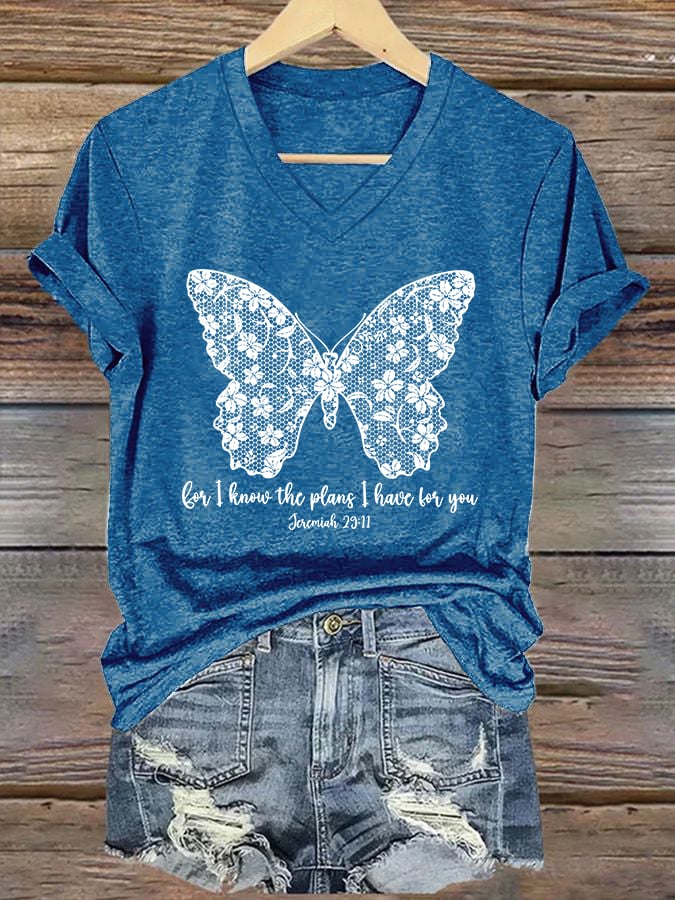 Women'S Casual I Know I Am For You Jeremiah 29:11 Cute Butterfly Christian Graphic Print Short Sleeve V Neck T-Shirt