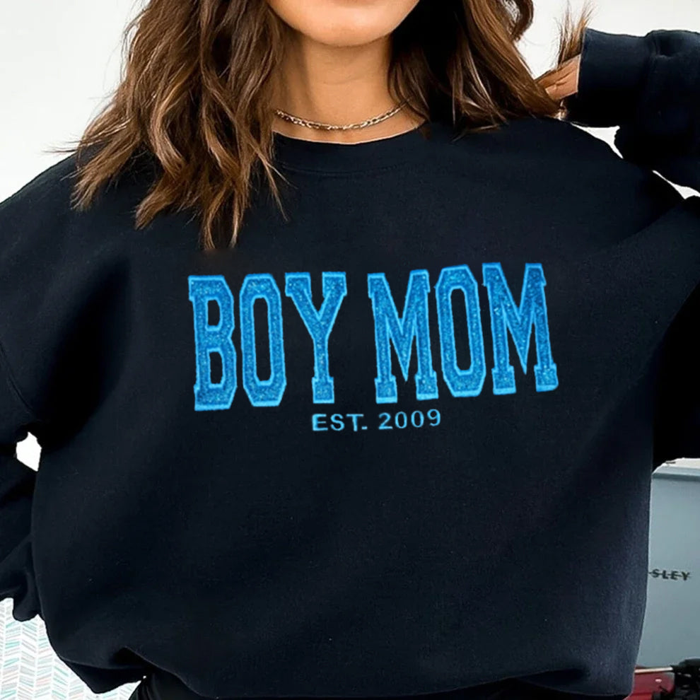 Custom Embroidered Boy Mom Glitter Vinly Sweatshirt Hoodie