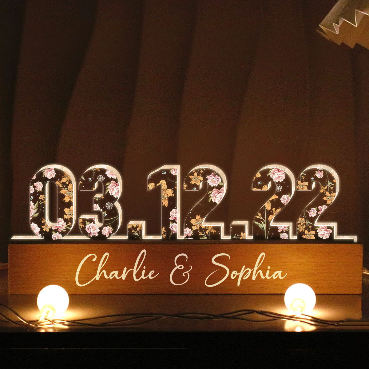 Couple Engagement Anniversary Date Custom Flower Printed LED Night Light, Valentine's Day Gift For Her, Gift For Him