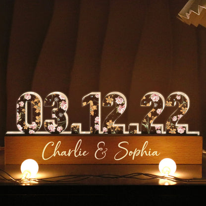 Couple Engagement Anniversary Date Custom Flower Printed LED Night Light, Valentine's Day Gift For Her, Gift For Him