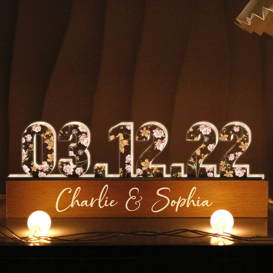 Couple Engagement Anniversary Date Custom Flower Printed LED Night Light, Valentine's Day Gift For Her, Gift For Him