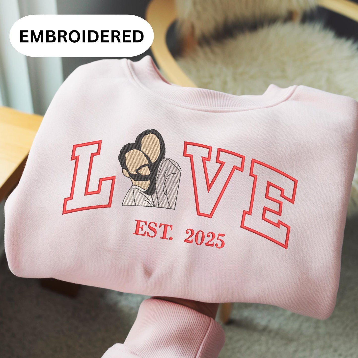 Loversdovey Personalized Embroidered Photo Couple LOVE Est Year Crewneck/Hoodie/T-shirt