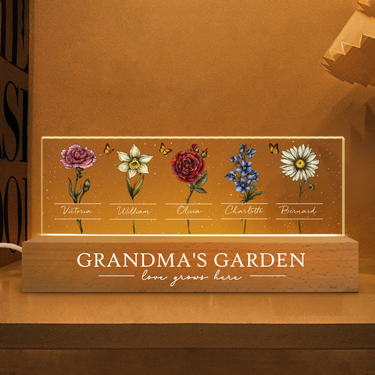 Grandma's Garden Of Grandkids Birth Month Flowers Personalized LED Night Light, Heartfelt Gift For Grandma, Mum