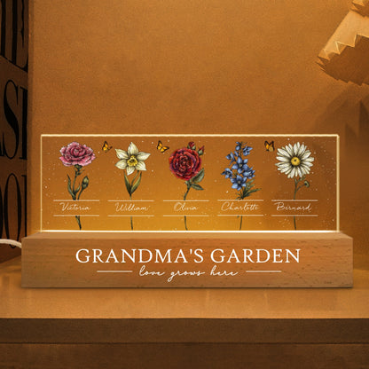 Grandma's Garden Of Grandkids Birth Month Flowers Personalized LED Night Light, Heartfelt Gift For Grandma, Mum
