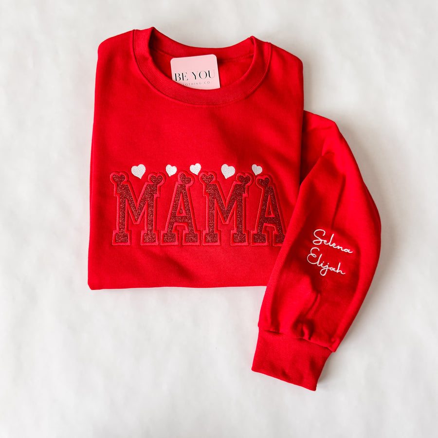 Embroidered Heart Mom Sweatshirt With Child's Name On The Sleeve