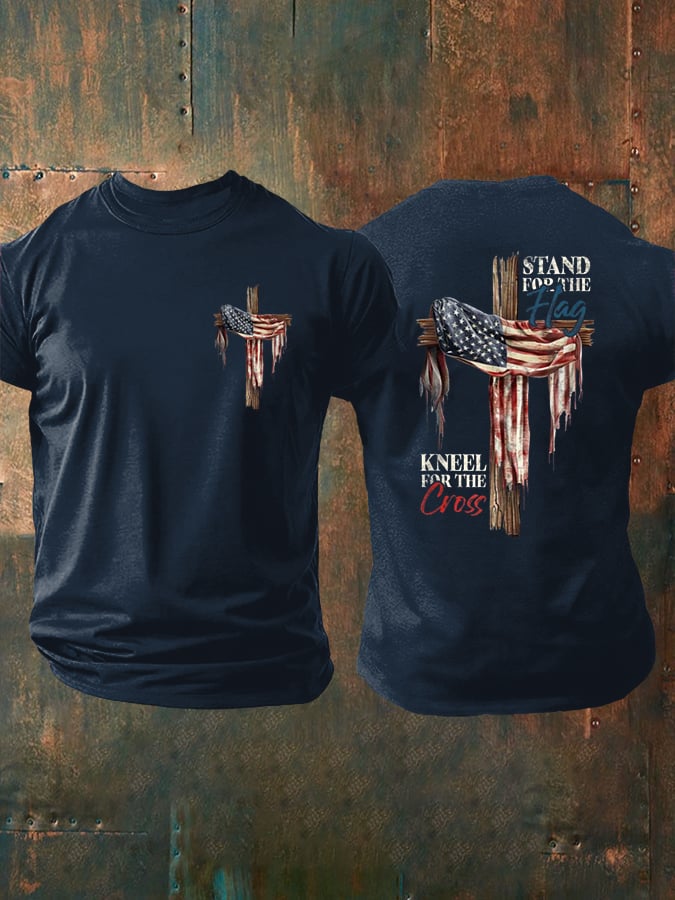 Men's Stand For Flag Kneel For The Cross Print T-Shirt