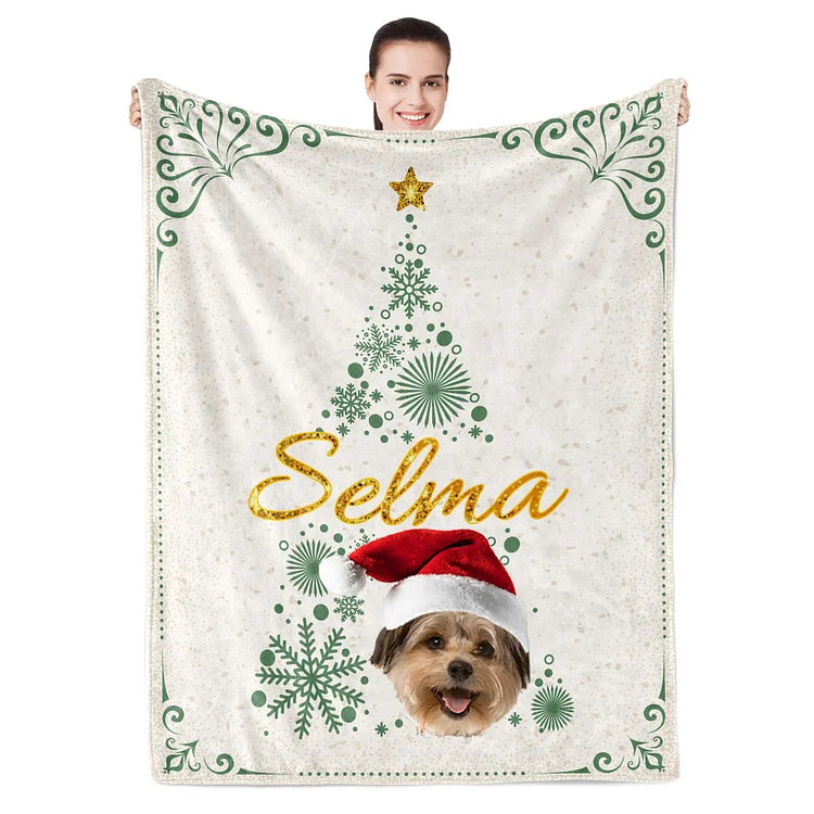 Custom Pet Photo Blanket Christmas Blanket Christmas Tree Blanket, Personalized Name Blanket