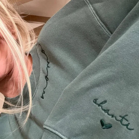 Custom Mama Embroidered Sweatshirt with Kids Names on the sleeve