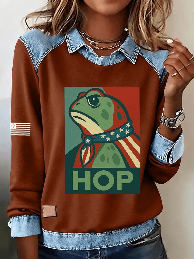 🔥Buy 3 Get 15% Off🔥Women's FDT Print Denim Panel Lapel Long Sleeve Sweatshirt