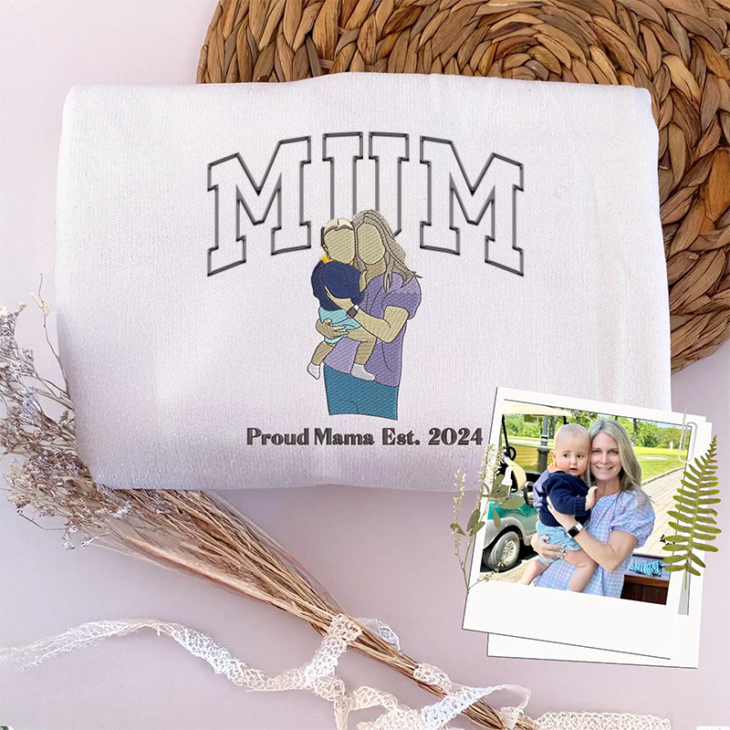 Mum Sweatshirt with Photo, Custom Embroidered Varsity Shirt with Portrait from Photo, Family Portrait