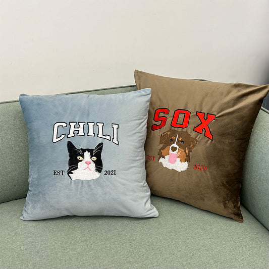 Custom Embroidered Pet Portrait Pillow Cushion With Pet Name, Pet Lover Gift
