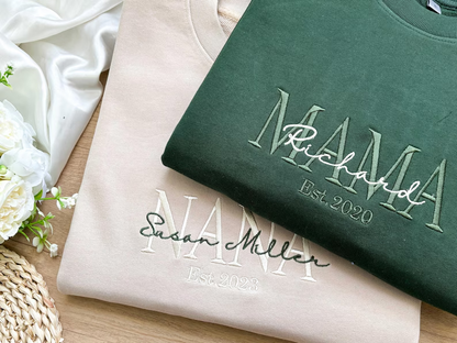 Custom Embroidered Mama Sweatshirt with Kid Name, Mama Sweatshirt, Pregnancy Announcement, Mother’s Day Gift