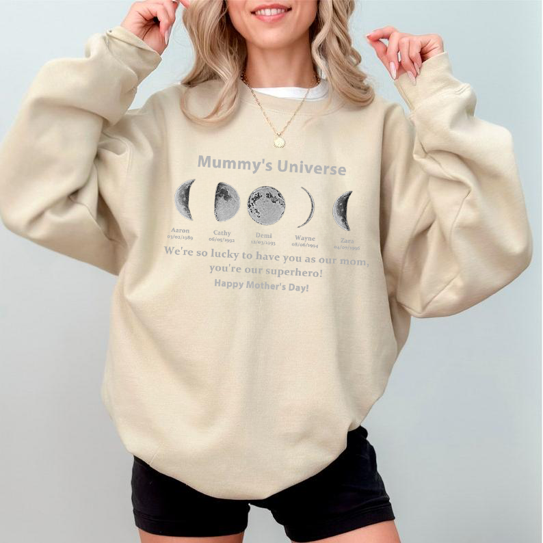 NEW! Loversdovey Custom Sweatshirt With Text And Date The Real Moon Phase- Mom's Universe,Gift For MUM