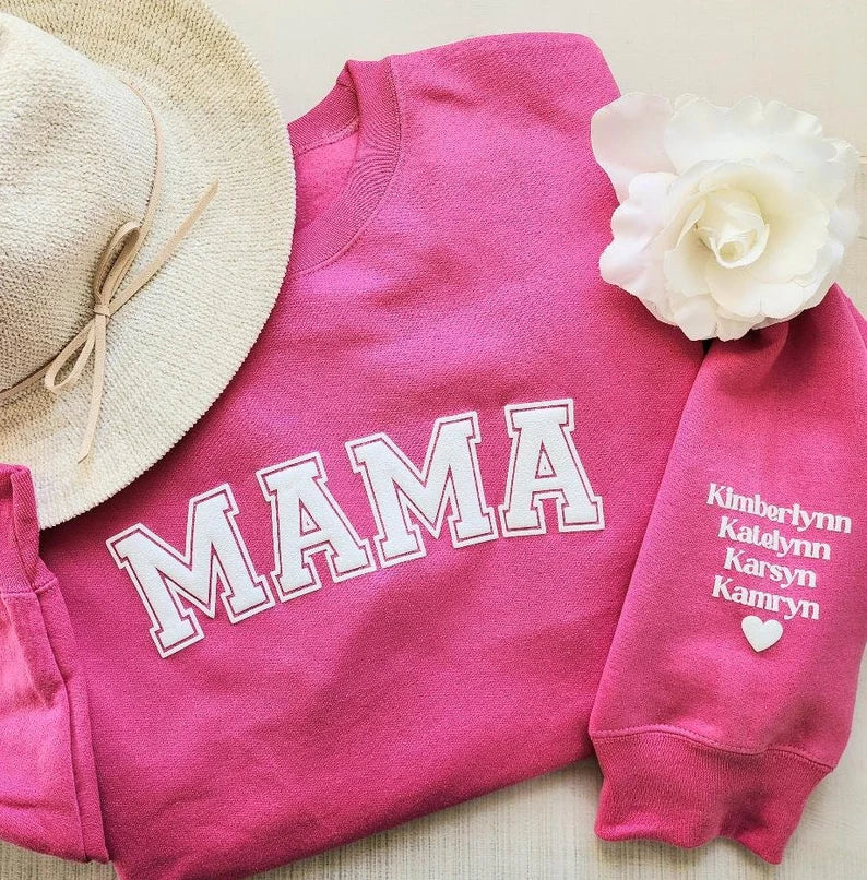 Mama Sweatshirt with Puff Lettering, Personalized Kid Names on Sleeve, Mama Sweater, Cute Gift for Mama