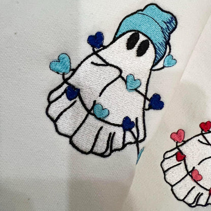 Embroidered Ghost Valentines Sweatshirt Day Couples Gift, Cute Valentines Day Matching Ghost Heart Crewneck