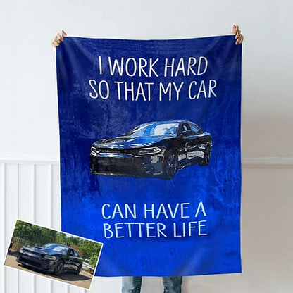 Custom Picture Car Blanket Minimalistic Print Gift for Family "I Work Hard"