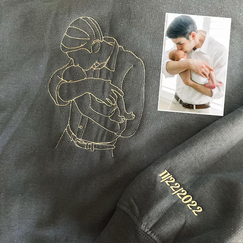Custom Dad Photo Outline Embroidered Sweatshirt - Personalized Dad and Me Photo Portrait Sweatshirt - Gift for Dad