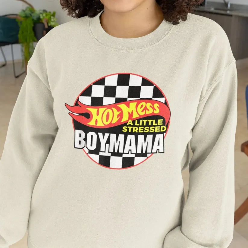 Custom Hot Mess A Little Stressed Boy Mama, Hot Wheels, Racecar Sweatshirt