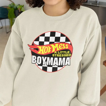 Custom Hot Mess A Little Stressed Boy Mama, Hot Wheels, Racecar Sweatshirt
