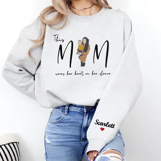 Mom Wears Her Heart On Her Sleeve Custom Photo Embroidered T-Shirt Crew Neck Hooded Sweatshirt