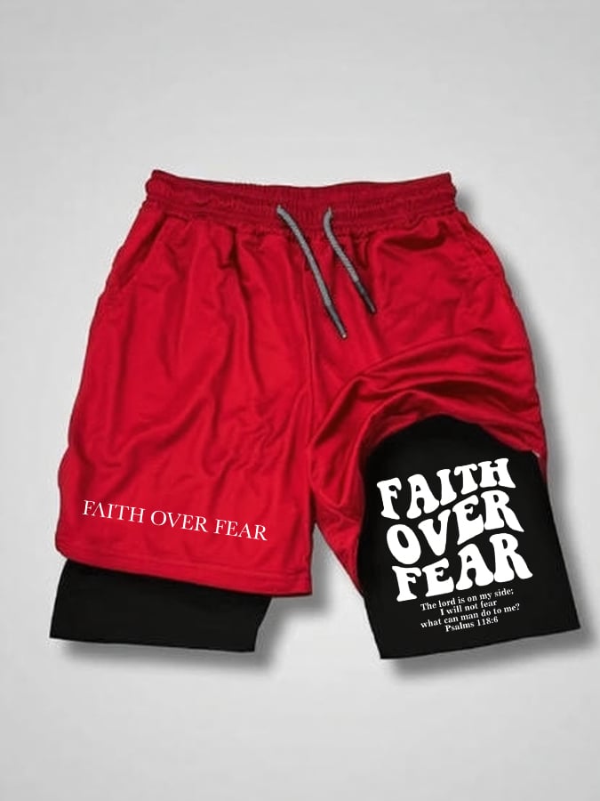 Men'S Faith Over Fear Print Double Layer Shorts (With Pockets)