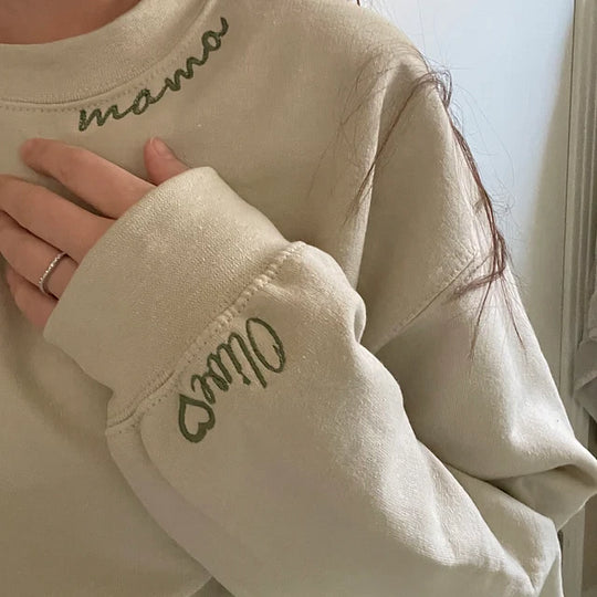 Custom Mama Embroidered Sweatshirt with Kids Names on the sleeve