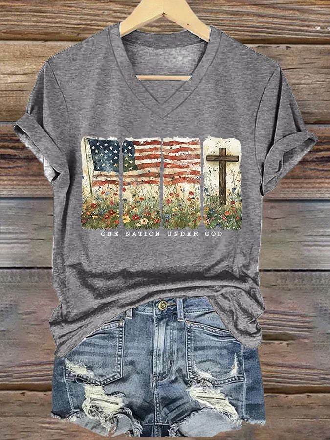Women'S Casual One Country Under God Faith Graphic Print Short Sleeve T-Shirt