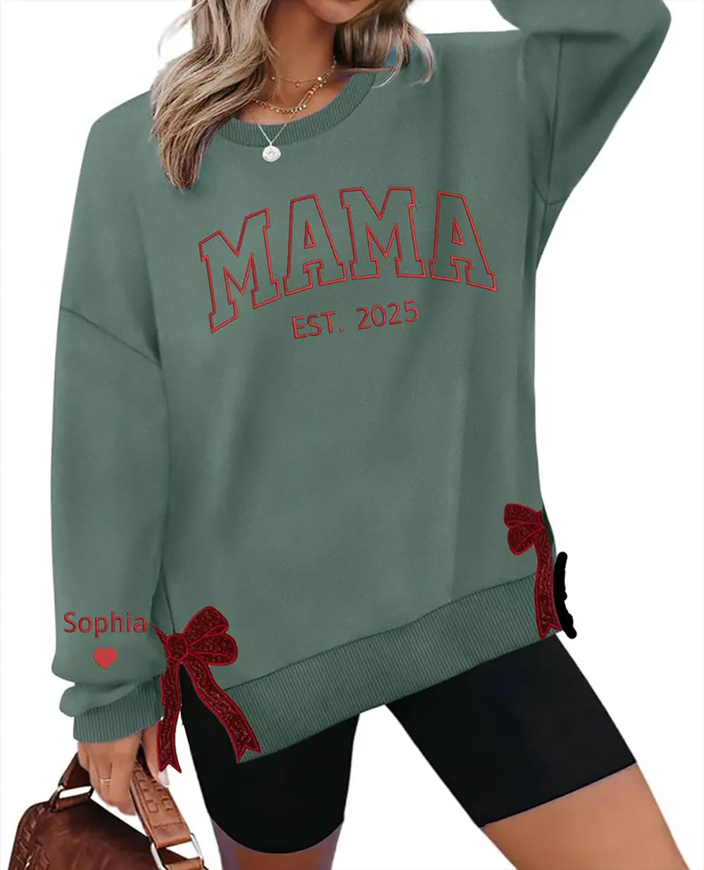 Personalized Mama Bow Embroidered Sweatshirt | Trendy Side Slit Bow Sweatshirt | Personalized Mama Sweatshirt | Mama Gifts