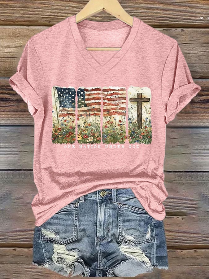Women'S Casual One Country Under God Faith Graphic Print Short Sleeve T-Shirt