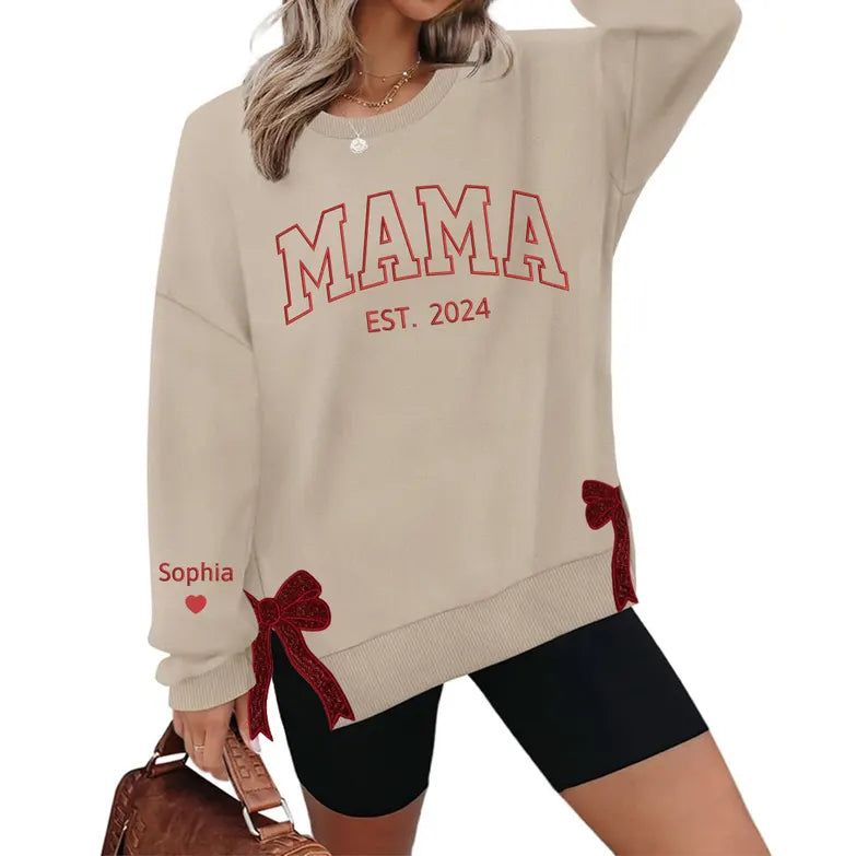 Personalized Mama Bow Embroidered Sweatshirt | Trendy Side Slit Bow Sweatshirt | Personalized Mama Sweatshirt | Mama Gifts