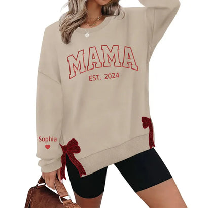 Personalized Mama Bow Embroidered Sweatshirt | Trendy Side Slit Bow Sweatshirt | Personalized Mama Sweatshirt | Mama Gifts