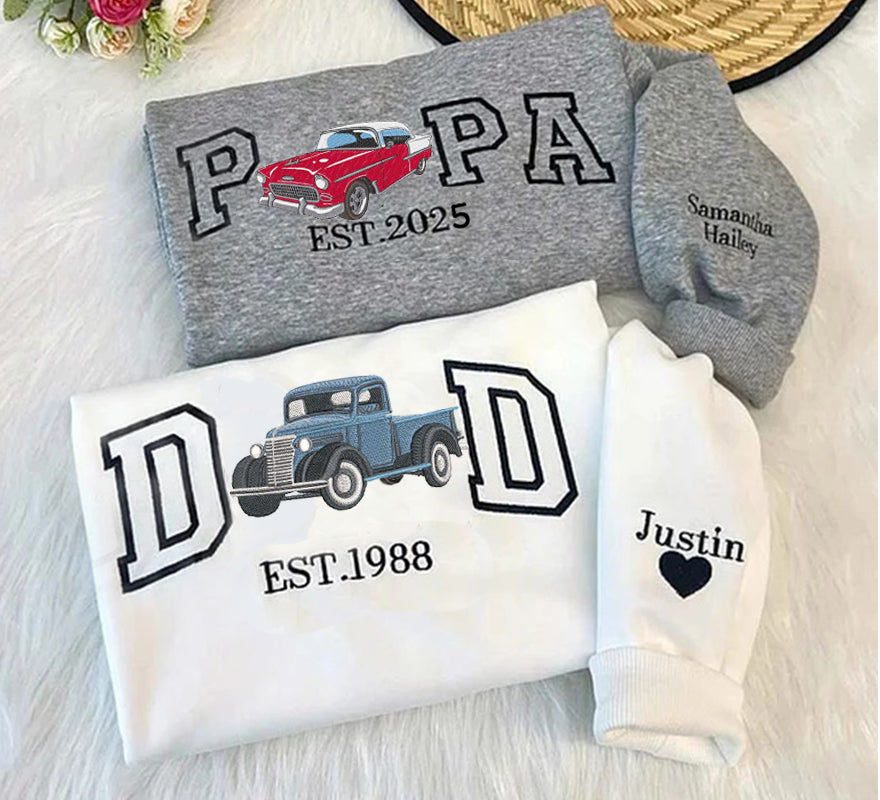 Custom Embroidered DAD Car Photo Sweatshirt For Dad, Father's Day Gifts For Dad, Car Lover Gift