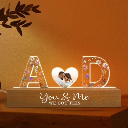 Couple Initials Floral Theme Photo Inserted Personalized Acrylic Block LED Night Light