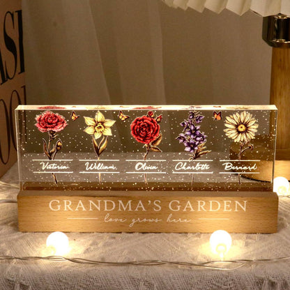 Grandma's Garden Of Grandkids Birth Month Flowers Personalized LED Night Light, Heartfelt Gift For Grandma, Mum