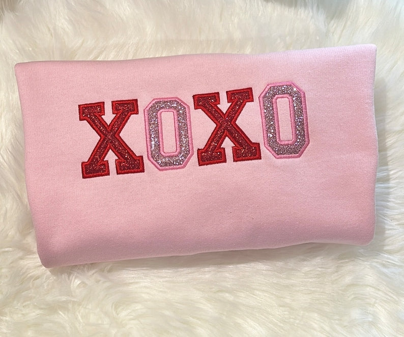 XOXO Glitter Appliqué Embroidered Sweatshirt, Valentines Day Sweatshirt