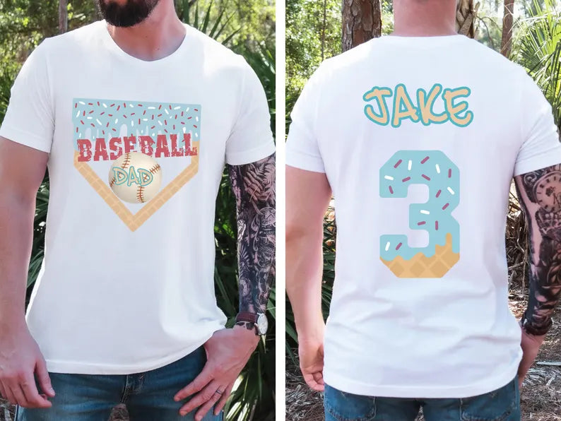 Customized Baseball Ice Cream Drip T-Shirt - Name And Number Printed On The Back - Gift For Dad